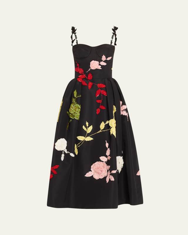 Sweetheart Rose Embroidered Faille Midi Cocktail Dress